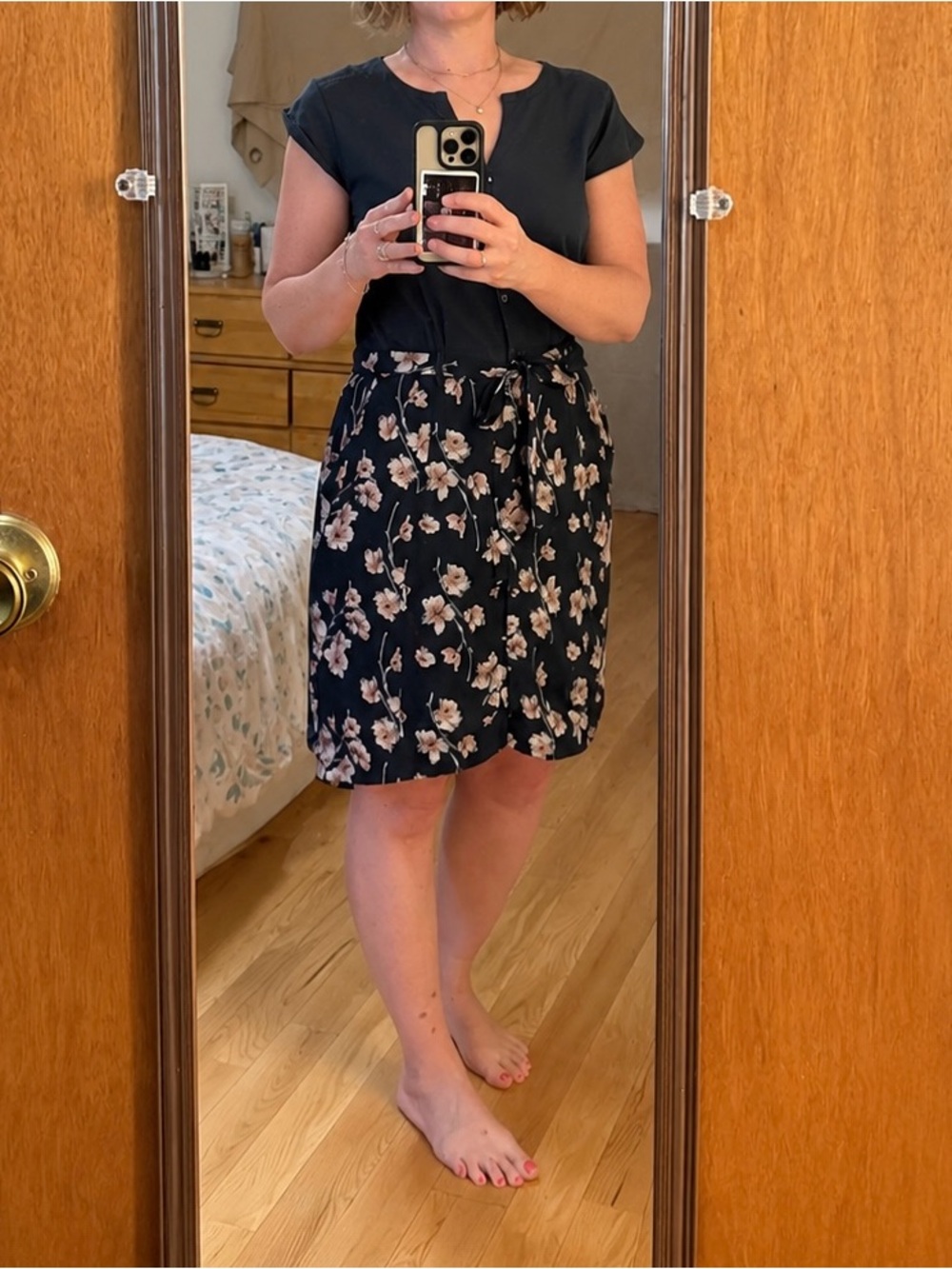 3Stones ~ Women's Navy Floral Tie-Waist Dress